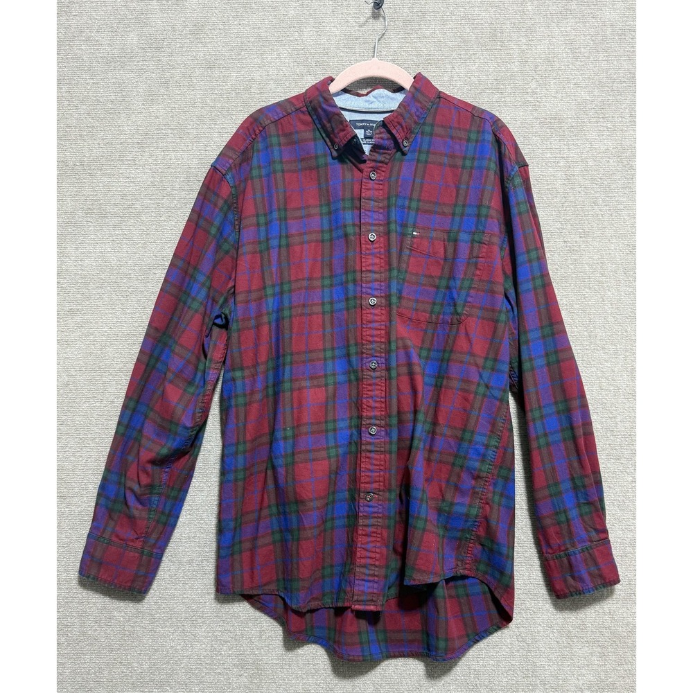 Tommy Hilfiger Shirt Mens XL Red Green Blue Plaid Classic Fit Button Up Cotton